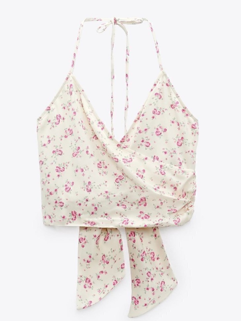 Zara Cream Pink Floral Halter Tie Beck Crop